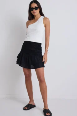 Stories be Told Milo Black Linen Rouched Tiered Mini Skirt