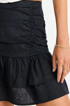 Stories be Told Milo Black Linen Rouched Tiered Mini Skirt