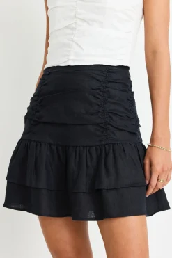 Stories be Told Milo Black Linen Rouched Tiered Mini Skirt