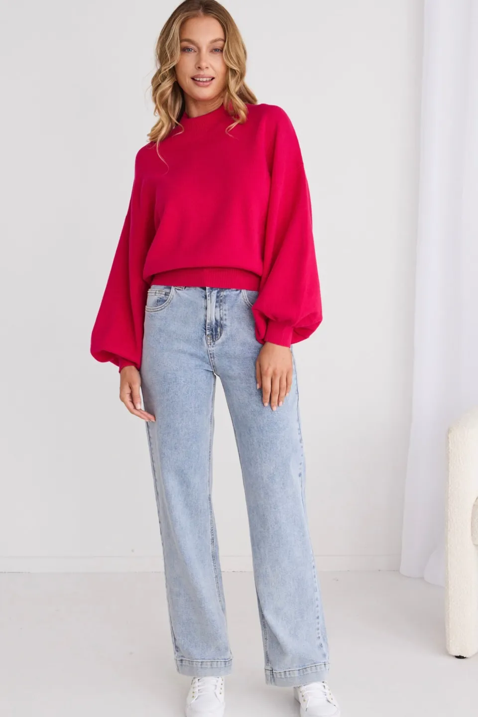 Ivy + Jack Motivation Raspberry Funnel Neck Fine Knit Jumper
