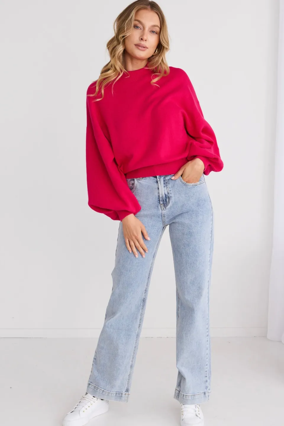 Ivy + Jack Motivation Raspberry Funnel Neck Fine Knit Jumper