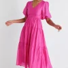 By Rosa. Musical Hot Pink Tie Back Puff Sleeve Maxi Dress
