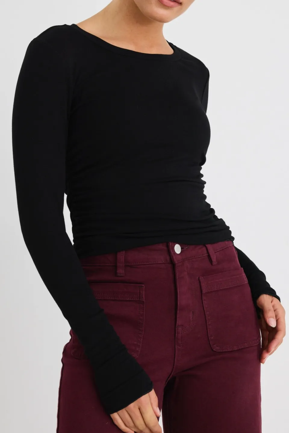 Among the Brave Muster Black Stretch Rouched Side Crew Top