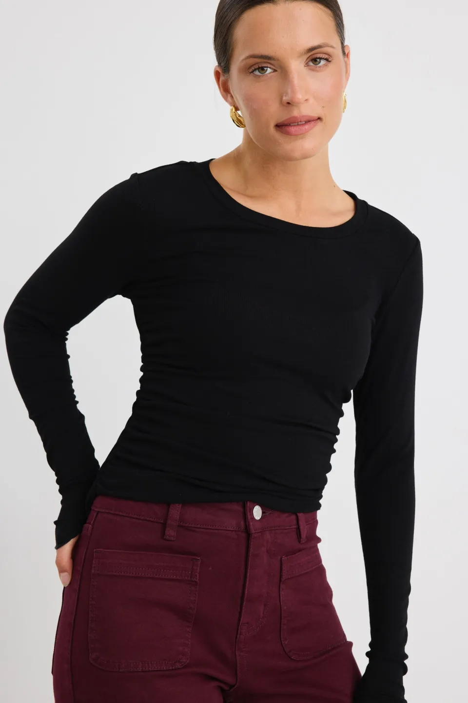 Among the Brave Muster Black Stretch Rouched Side Crew Top