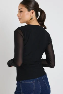 Among the Brave Network Black Mesh Keyhole LS Top