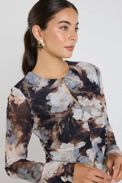 Among the Brave Network Sepia Floral Mesh Keyhole LS Top