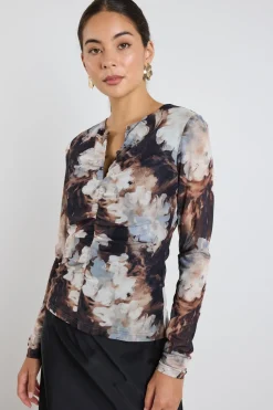 Among the Brave Network Sepia Floral Mesh Keyhole LS Top