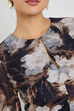 Among the Brave Network Sepia Floral Mesh Keyhole LS Top