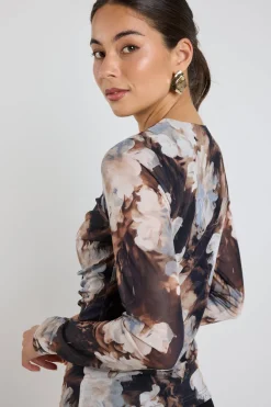 Among the Brave Network Sepia Floral Mesh Keyhole LS Top