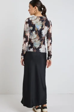 Among the Brave Network Sepia Floral Mesh Keyhole LS Top