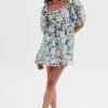 Ownley New Sky Blue Floral Puff Sleeve Mini Dress