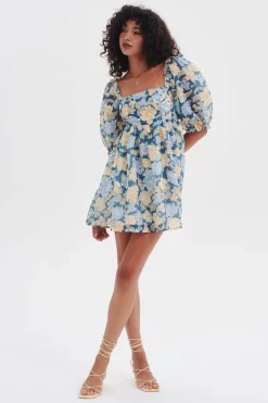 Ownley New Sky Blue Floral Puff Sleeve Mini Dress