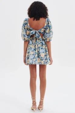 Ownley New Sky Blue Floral Puff Sleeve Mini Dress