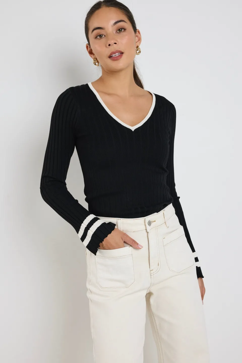 Stories be Told Nico Black Stripe LS V Neck Rib Knit Top