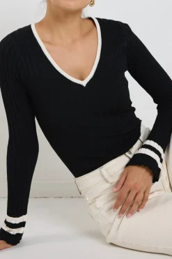 Stories be Told Nico Black Stripe LS V Neck Rib Knit Top