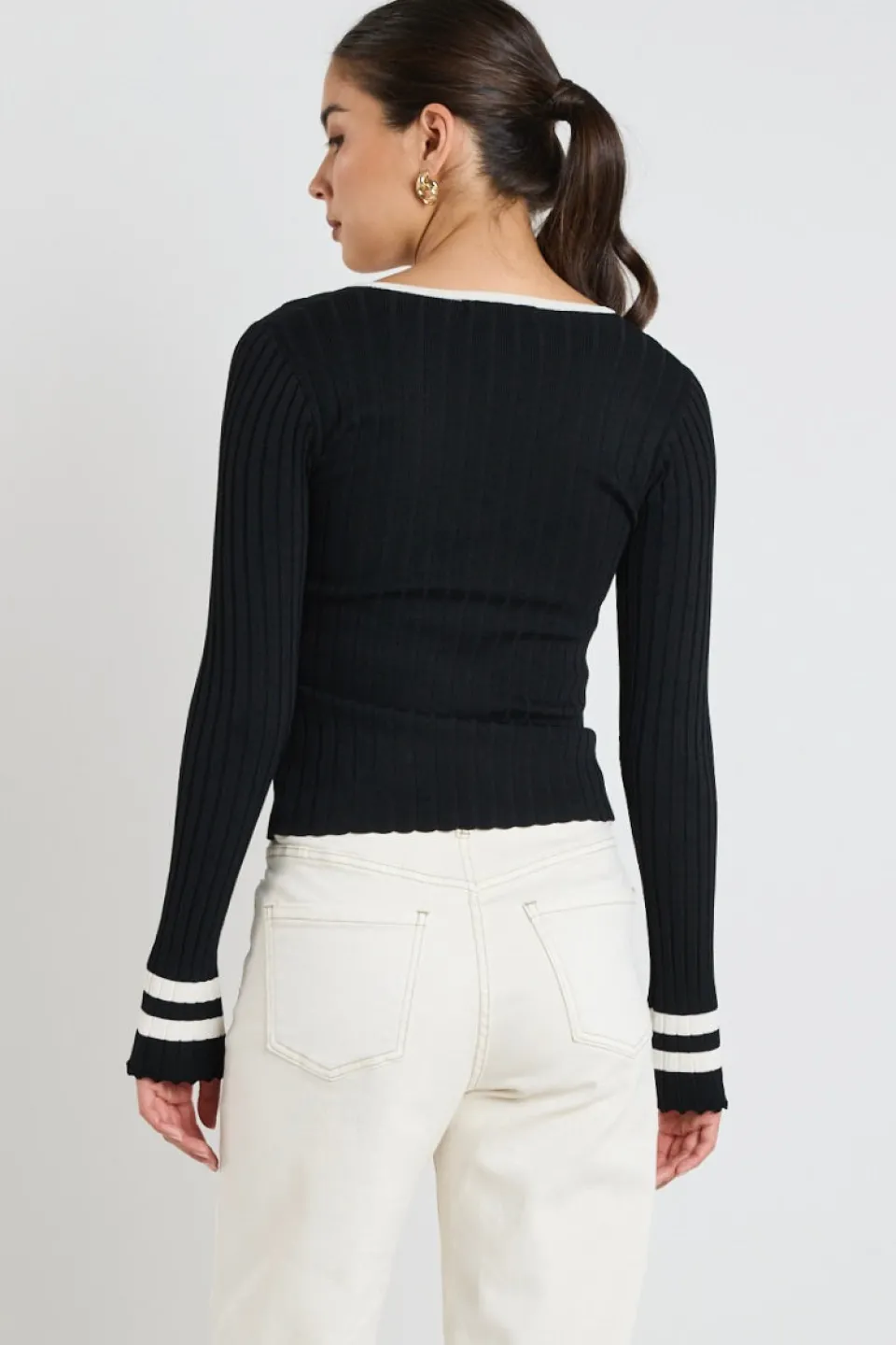 Stories be Told Nico Black Stripe LS V Neck Rib Knit Top