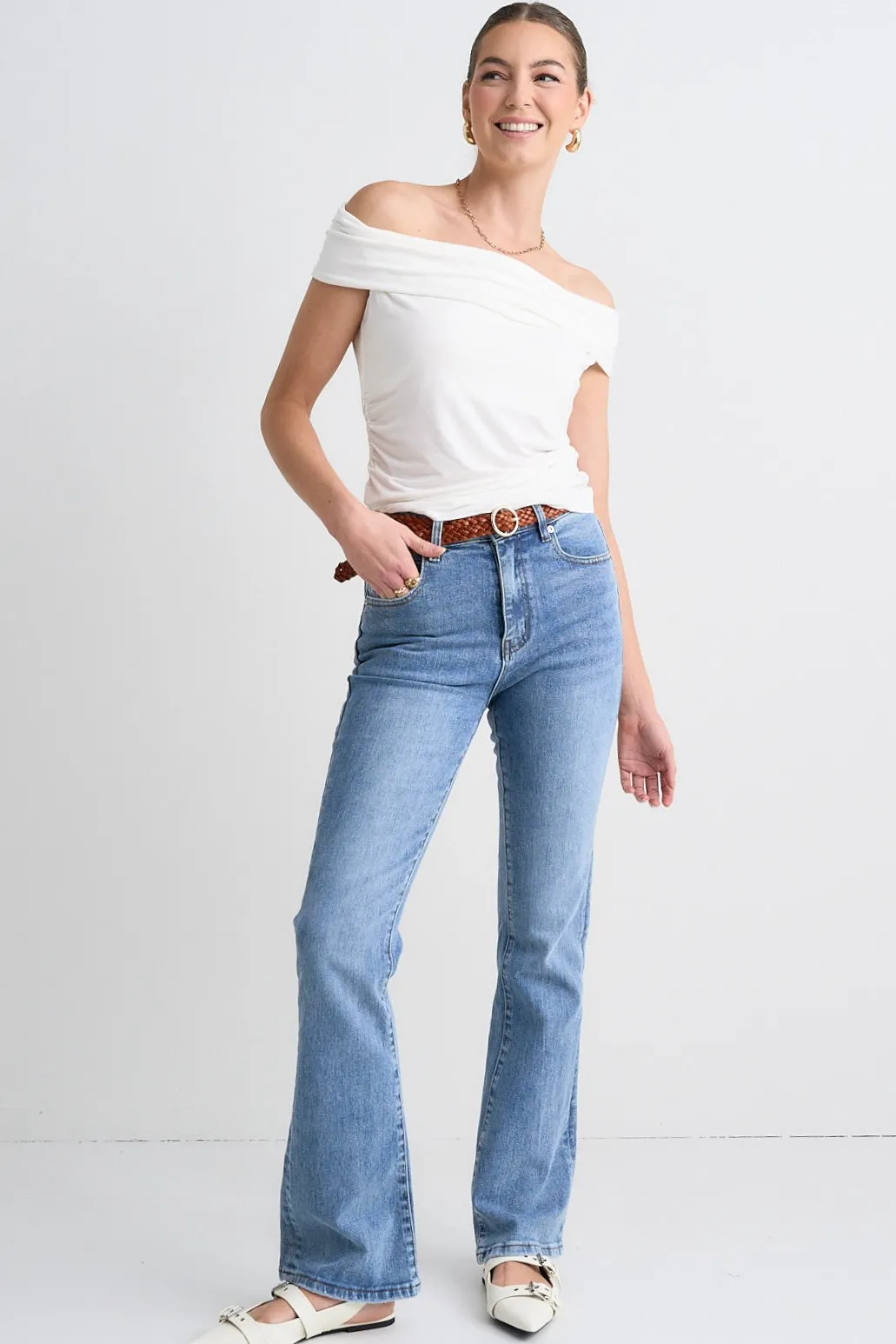 Stories be Told Nightlife Ivory Stretch Off Shoulder Top