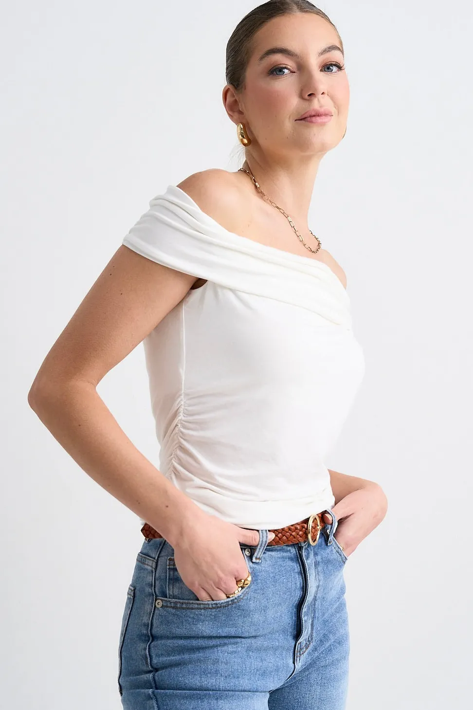 Stories be Told Nightlife Ivory Stretch Off Shoulder Top