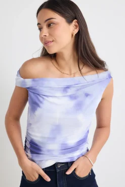 Stories be Told Nightlife Lilac Smudge Mesh Off Shoulder Short Sleeved Top