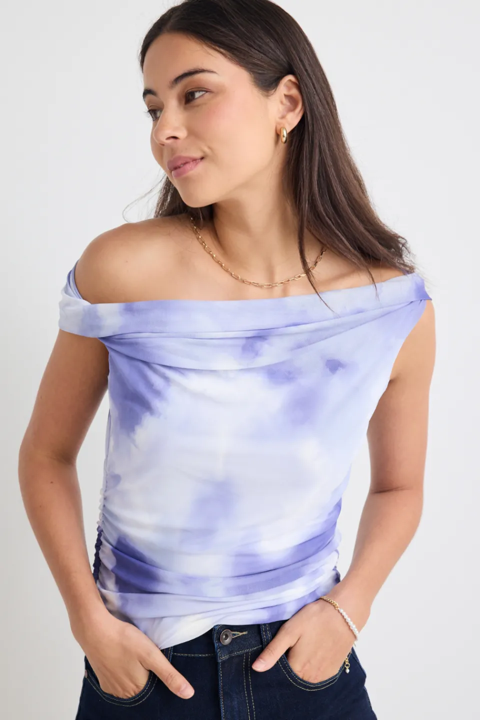 Stories be Told Nightlife Lilac Smudge Mesh Off Shoulder Short Sleeved Top