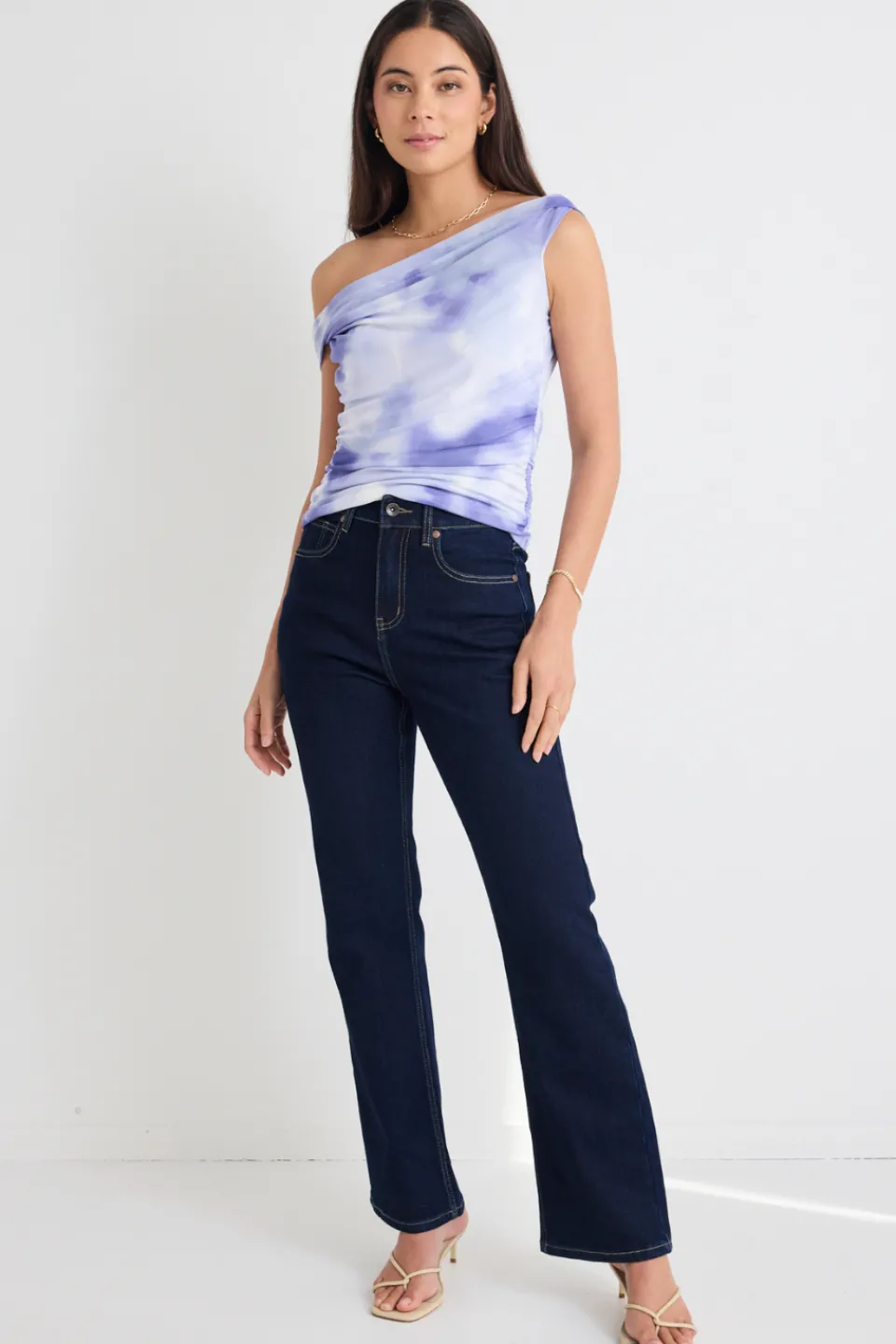 Stories be Told Nightlife Lilac Smudge Mesh Off Shoulder Short Sleeved Top
