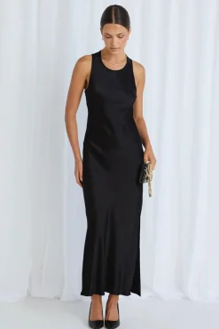 Stories be Told Noah Black Satin Scoop Neck Slip Dress