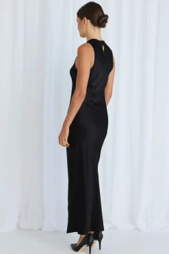 Stories be Told Noah Black Satin Scoop Neck Slip Dress