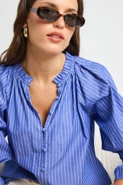 Ivy + Jack Noetic Dark Blue Stripe Short Sleeve Blouse