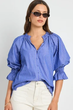 Ivy + Jack Noetic Dark Blue Stripe Short Sleeve Blouse