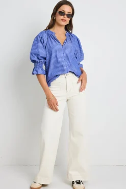 Ivy + Jack Noetic Dark Blue Stripe Short Sleeve Blouse