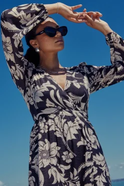 Among the Brave Ocean Black Cream Floral LS Wrap Dress
