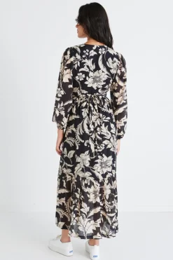 Among the Brave Ocean Black Cream Floral LS Wrap Dress