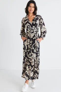 Among the Brave Ocean Black Cream Floral LS Wrap Dress