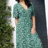 Among the Brave Ocean Green Ditsy Ss Wrap Midi Dress