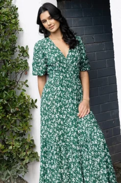 Among the Brave Ocean Green Ditsy Ss Wrap Midi Dress