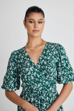 Among the Brave Ocean Green Ditsy Ss Wrap Midi Dress