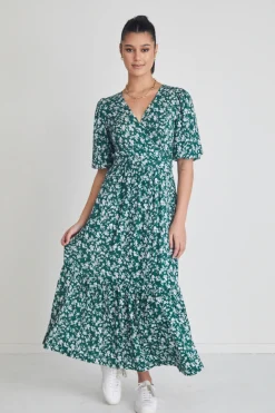 Among the Brave Ocean Green Ditsy Ss Wrap Midi Dress
