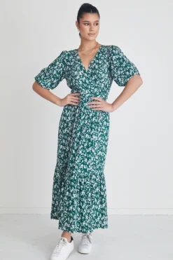 Among the Brave Ocean Green Ditsy Ss Wrap Midi Dress