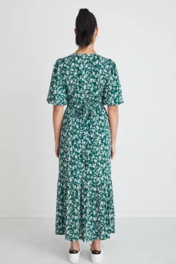 Among the Brave Ocean Green Ditsy Ss Wrap Midi Dress