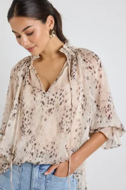 Among the Brave Odyssey Beige Leopard Georgette Shirred Neck LS Top