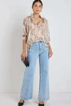 Among the Brave Odyssey Beige Leopard Georgette Shirred Neck LS Top