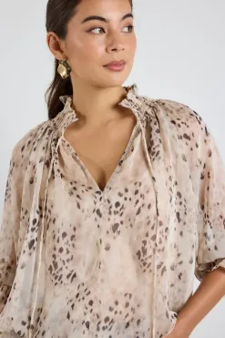 Among the Brave Odyssey Beige Leopard Georgette Shirred Neck LS Top
