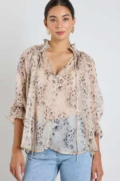 Among the Brave Odyssey Beige Leopard Georgette Shirred Neck LS Top