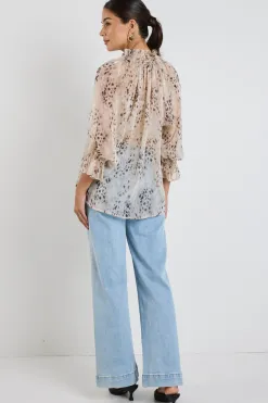 Among the Brave Odyssey Beige Leopard Georgette Shirred Neck LS Top