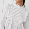 Ivy + Jack Opal White Voile Pleat Bodice High Neck Ls Top