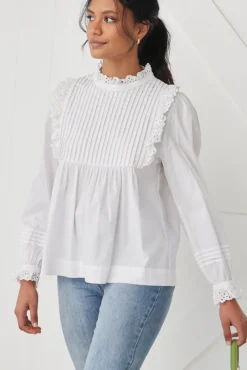Ivy + Jack Opal White Voile Pleat Bodice High Neck Ls Top