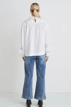 Ivy + Jack Opal White Voile Pleat Bodice High Neck Ls Top