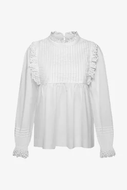 Ivy + Jack Opal White Voile Pleat Bodice High Neck Ls Top