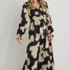 Among the Brave Oracle Black Floral LS V Neck Midi Dress