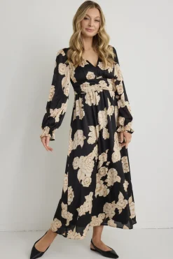 Among the Brave Oracle Black Floral LS V Neck Midi Dress